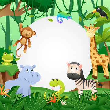 Wildlife animal in jungle with circular copy space . Kids style . Vector .