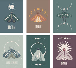 Set Mystic Moon moth cards. Vector illustration hand drawn