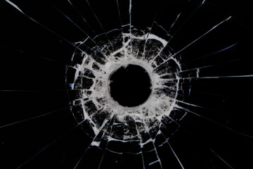 bullet hole on glass black background for overlay, transparent window