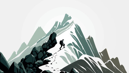 wallpaper with man climbing mountains, flat minimalist style vector illustration.