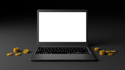 Black laptop mockup for title apps and websites. Front view with dark background.