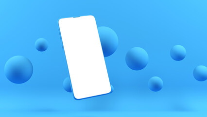 Blue cell phone mockup floating for applications and websites. Blue background and floating balls.