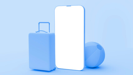 Blue cell phone mockup for travel apps and websites. Blue background with bag and ball.