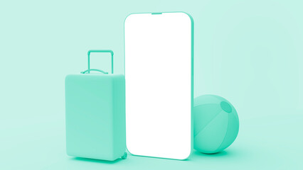 Green cell phone mockup for travel apps and websites. Green background with bag and ball.