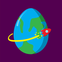 Flat simple vector illustration for Happy Easter. Planet Earth in the shape of a chicken egg. Cosmonautics Day. Red rocket flies in space. Travel concept. Congratulations on the holiday. star shape