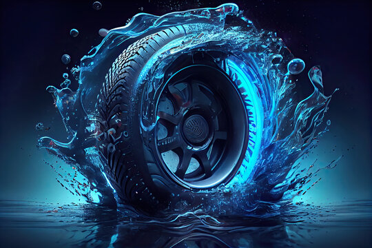 Сool new wheel, tire assembly with a beautiful black alloy wheel, walking on a wet road, blue splashes and neon glow ai