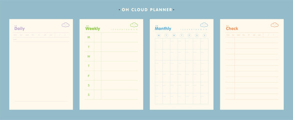 (Cloud) 4 set of Daily, Weekly, Monthly, Check Planner template. Cute and simple printable to do list. Business organizer page. Paper sheet. Realistic vector illustration.