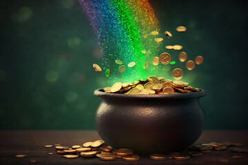 Rainbow falling into a pot of gold coins. St. Patrick's Day festive concept. Holiday background. - obrazy, fototapety, plakaty
