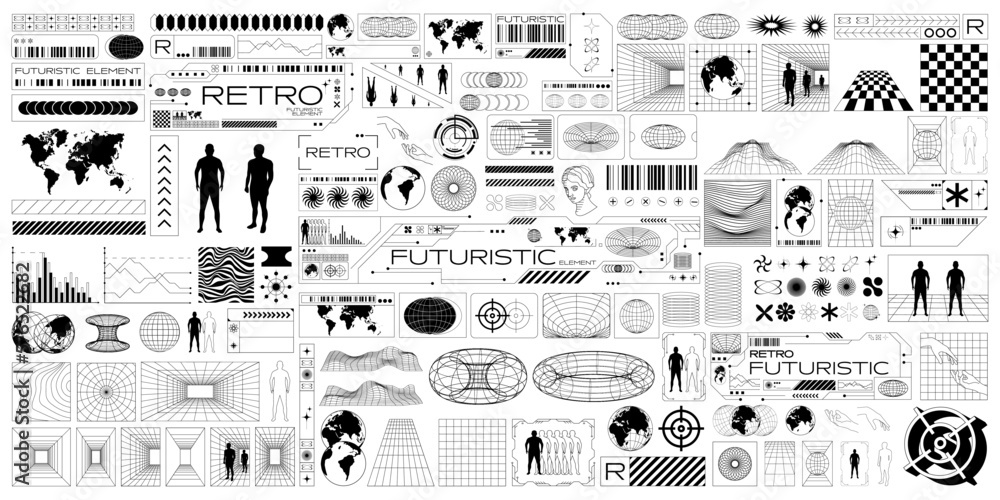 Poster big bundle of retro futuristic design element