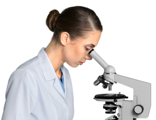 Young Female Scientist Working with Microscope on white background