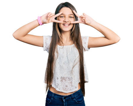 Young brunette girl with long hair wearing white shirt doing peace symbol with fingers over face, smiling cheerful showing victory - Powered by Adobe