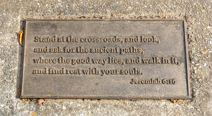 Biblical Quotation on a Sidewalk Plaque about the Righteous Path, from the Book of Jeremiah