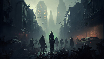 A zombie horde in the destroyed ruins of a city after a zombie apocalypse outbreak, generated by ai