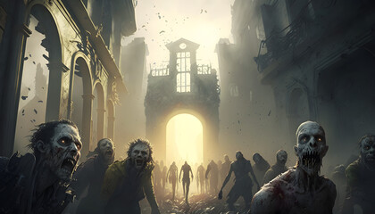 A zombie horde in the destroyed ruins of a city after a zombie apocalypse outbreak, generated by ai