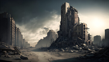 The destroyed ruins of a city after a zombie apocalypse outbreak, nature growing back, generated by ai