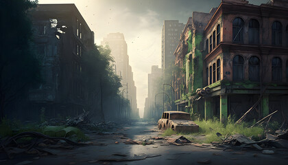 The destroyed ruins of a city after a zombie apocalypse outbreak, nature growing back, generated by ai