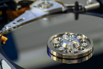 Close-up scene of the computer hard disk in the light blue scene.