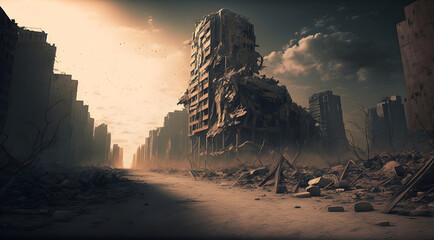 The destroyed ruins of a city after a zombie apocalypse outbreak, nature growing back, generated by ai