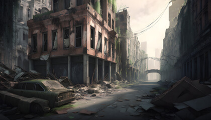 The destroyed ruins of a city after a zombie apocalypse outbreak, nature growing back, generated by ai