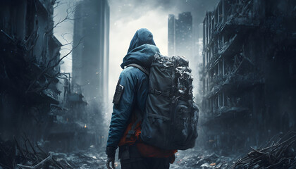 A survivor with a big backpack on a desolated city after a zombie outbreak apocalypse, generated by ai