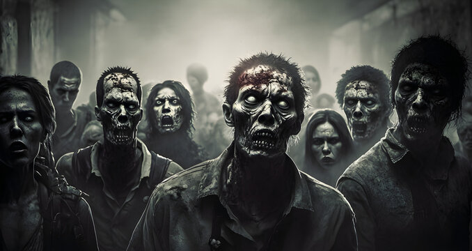 A zombie horde in the destroyed ruins of a city after a zombie apocalypse outbreak, generated by ai