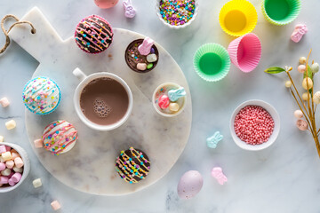 Homemade Easter hot cocoa bombs served with a cup of hot chocolate.