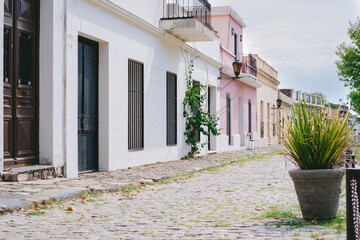 Cobblestone street of a modernized part of a colonial town in Colonia del Sacramento, Uruguay.