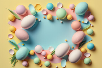 Easter party concept. Top view photo of easter bunny ears white pink blue and yellow eggs on isolated pastel blue background with copyspace in the middle Generative AI