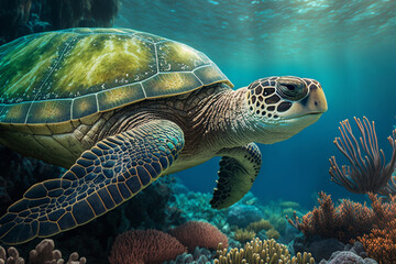 Fototapeta premium Seascape with Green Sea Turtle in the turquoise water of coral reef of Caribbean Sea, Curacao Generative AI