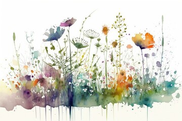 watercolor background with flowers. Meadow wildflowers. Generative AI. 