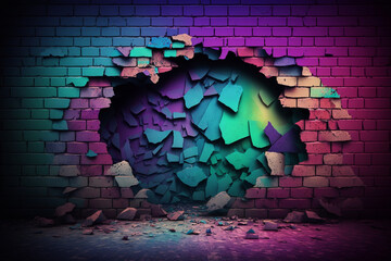 Toned brick wall. Blue purple magenta teal green rough surface. Color gradient. Colorful background with space for design. Dark. Grunge backdrop. Broken, cracked, damaged collapse, ruins Generative AI