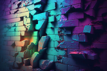 Toned brick wall. Blue purple magenta teal green rough surface. Color gradient. Colorful background with space for design. Dark. Grunge backdrop. Broken, cracked, damaged collapse, ruins Generative AI