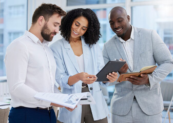 Planning, strategy and business people with a tablet for a schedule, information and inspiration....