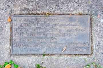 Traditional Irish blessing on steel, inlaid on a walkway in Audubon Park, New Orleans, Louisiana,...