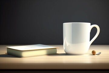White coffee mug on the top of a desk, empty cup isolated for design, generative Ai