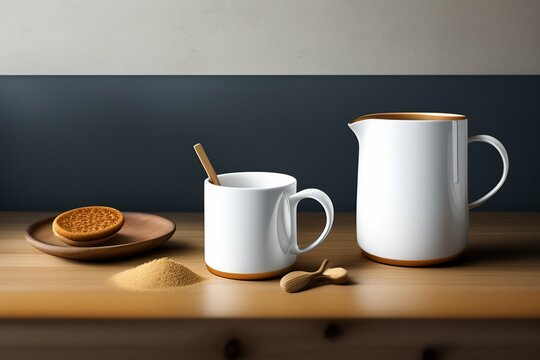 White coffee mug on the top of a desk, empty cup isolated for design, generative Ai