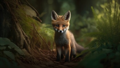 Adorable baby fox in a forest. Created with Generative AI.