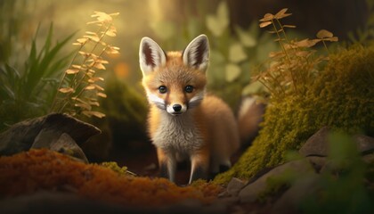 Adorable baby fox in a forest. Created with Generative AI.