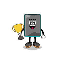Cartoon mascot of smartphone holding a trophy