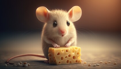Adorable baby mouse with piece of cheese. Created with Generative AI.