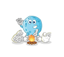 blue moon roasting marshmallows. cartoon mascot vector