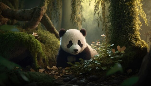 Adorable baby panda bear in a forest. Created with Generative AI.