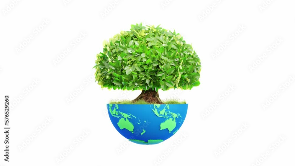 Poster big tree on half globe on white background. animation revolves around itself seamless loop and alpha