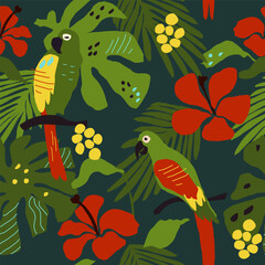 Bright tropical print, red flowers, palm leaves, parrot. Abstract trendy yellow background. Seamless  pattern Hand drawn, vector