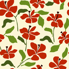 Bright tropical print, red flowers, hibiscus, 
 leaves, Abstract trendy background. Seamless  pattern Hand drawn, vector