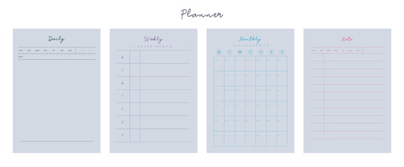 (Sean and Sea) 4 set of Daily, Weekly, Monthly, Check Planner template. Cute and simple printable to do list. Business organizer page. Paper sheet. Realistic vector illustration.