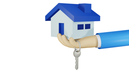 Home loan, mortgage loans, real estate, property insurance and refinance concept. Agency hand holding house and home key. 3D PNG rendering.