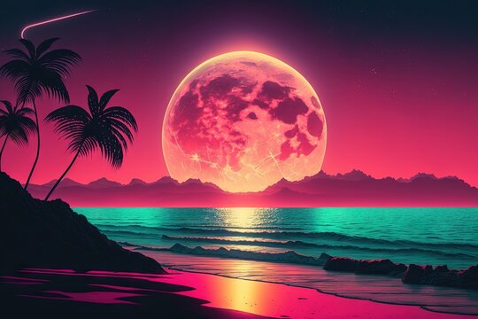 Retro futuristic synthwave style sunset at the beach colorful background with super moon behind it, generated with AI. Suitable for background design, wallpaper, futuristic website, poster, banner.