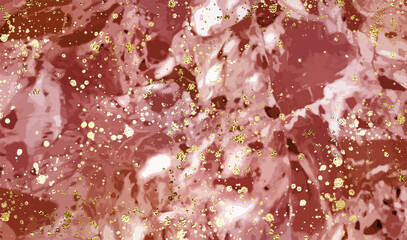 Red marble stone background design with mineral natural texture and gold splatter.