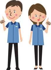 コンビニ店員　男女　指差しポイント説明